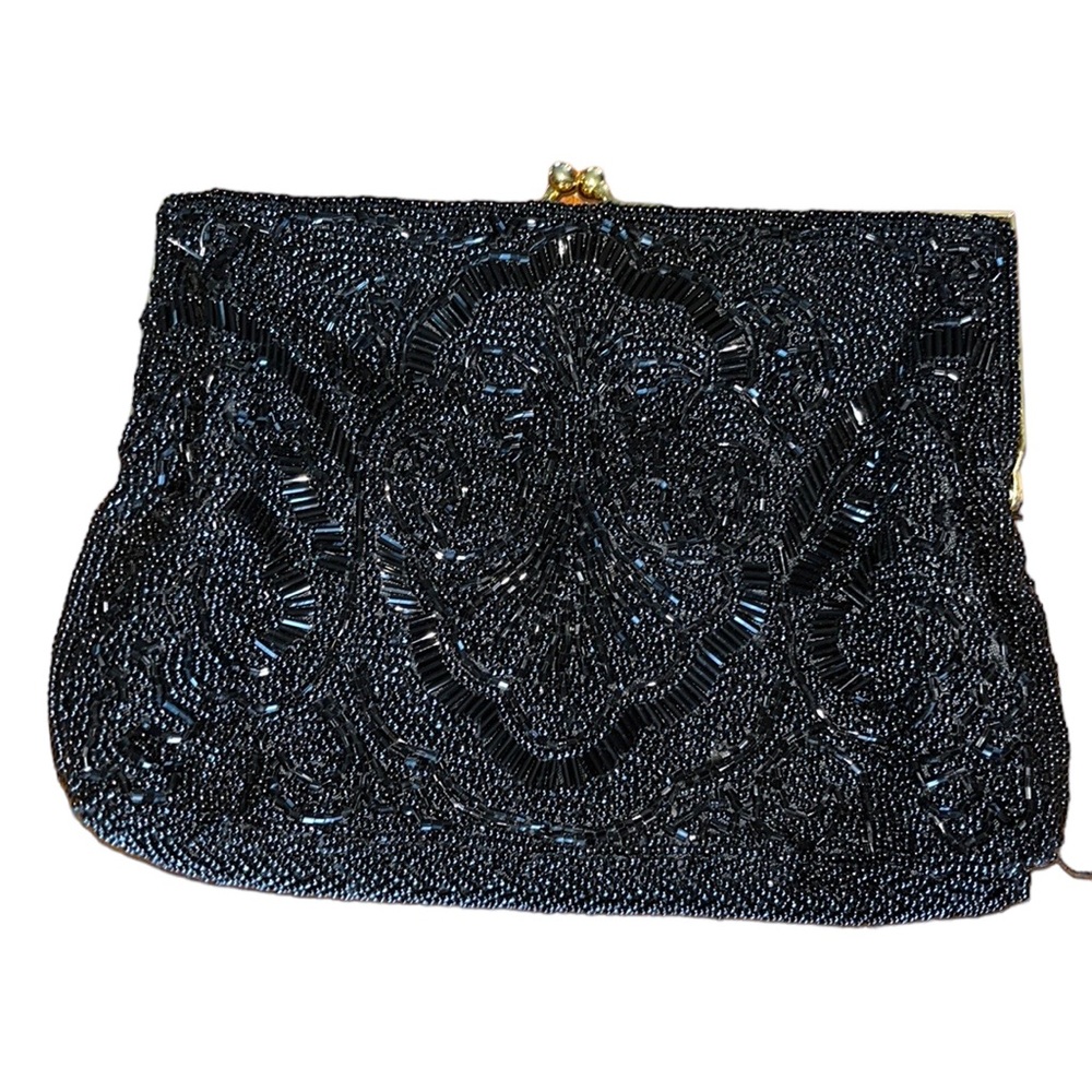 HASTINGS & SMITH Black Beaded Evening Bag~Gold Tone Hardware~Vintage Style